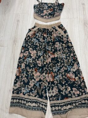 Sienna Sky Navy Floral Crop Top & Wide-Leg Pants - Pink, Cream, Blue